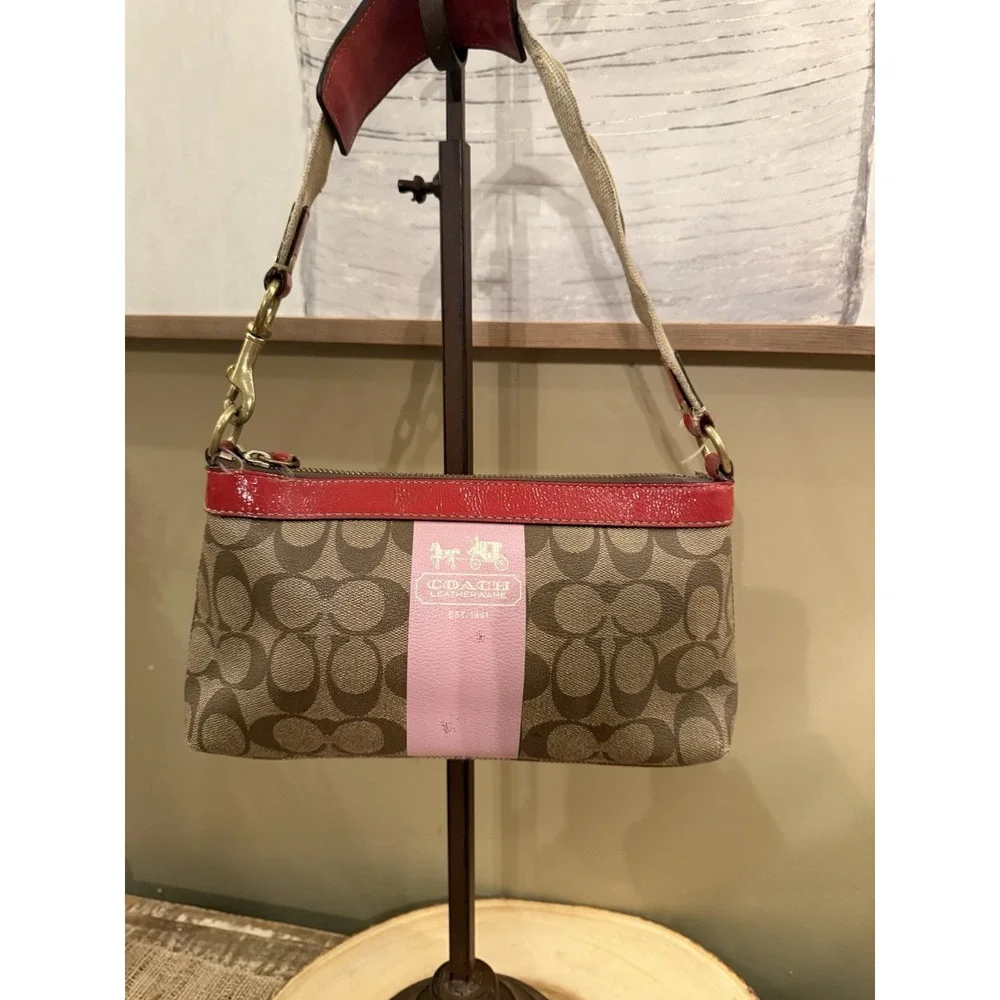 Coach Brown‎ Heritage Jacquard Pink Stripe Red Hobo Shoulder Bag Y2K